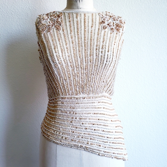 Vintage Tops - Vintage 80s Cream White Silk Bead Sequin Blouse